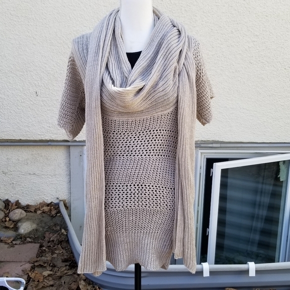 Nicholas K beige and gold linen open knit tunic sweater with scarf small - Picture 1 of 7
